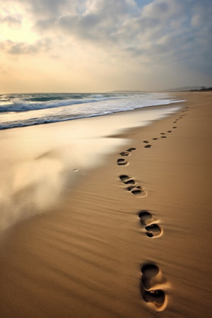 footprints on a sandy beach leading to the ocean, created with generative aiの素材