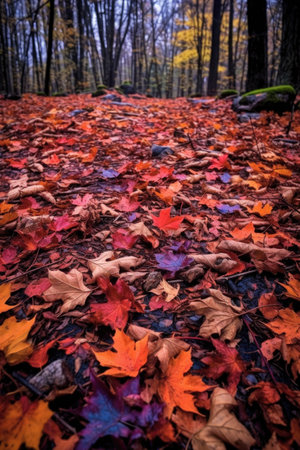 colorful autumn leaves on a forest floor, created with generative aiの素材