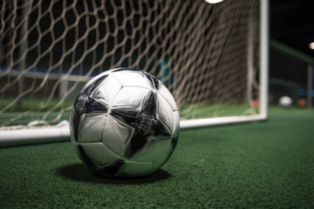 close-up of a soccer ball with the net in the background, ready for kick-off, created with generative aiの素材