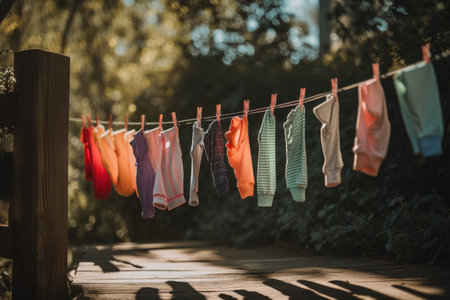 a colorful mix of socks, shirts, and shorts drying in the sun, created with generative aiの素材