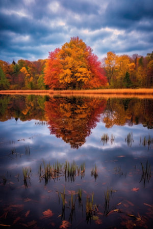 vibrant fall foliage reflecting on a calm lake, created with generative aiの素材