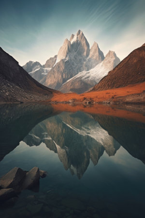 reflection of mountains on a still lake surface, created with generative aiの素材