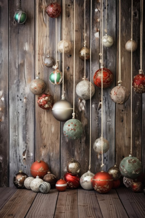 rustic wooden background with christmas ornaments, created with generative aiの素材