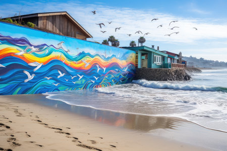 colorful mural of tranquil beach, with waves and seagulls in the background, created with generative aiの素材