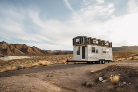 tiny house on wheels, with view of scenic mountain range, created with generative aiの素材