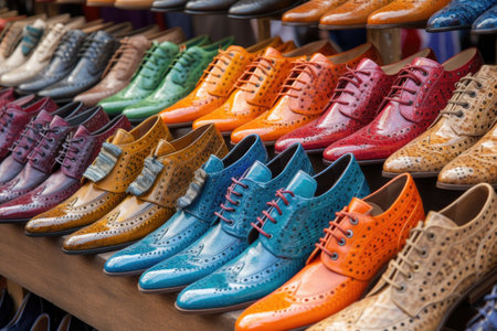 row of designer shoes in eye-catching array of colors and textures, created with generative aiの素材