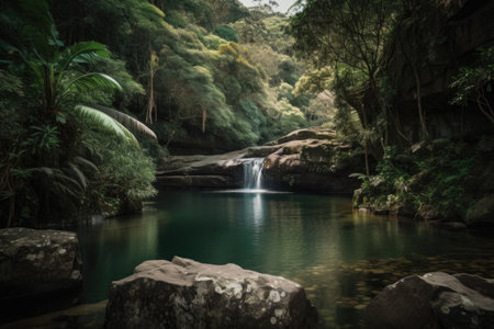majestic waterfall cascading into natural pool, surrounded by lush greenery, created with generative aiの素材