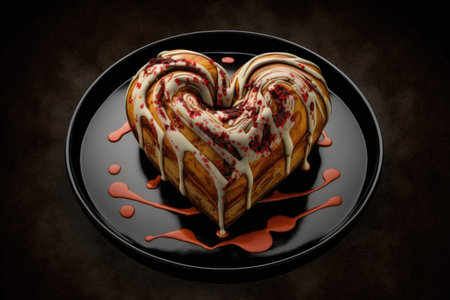 heart-shaped cinnamon roll on a black plate with red drizzle, created with generative aiの素材