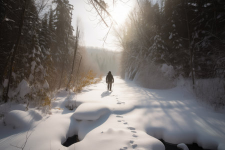 person, wading through snowshoeing trail, with snowy trees in the background, created with generative aiの素材
