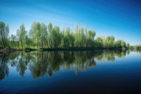 serene lake with reflections of trees and clear blue skies, created with generative aiの素材