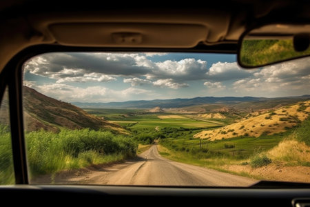 big window, view of the countryside, and open road on the journey #travel #vacation, created with generative aiの素材