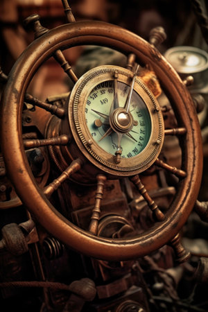 compass on a boat steering wheel, created with generative aiの素材
