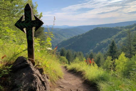 trail marker with arrow pointing the way to a scenic view, created with generative aiの素材