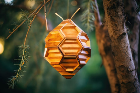 abstract geometric beehive hanging from a tree branch, created with generative aiの素材