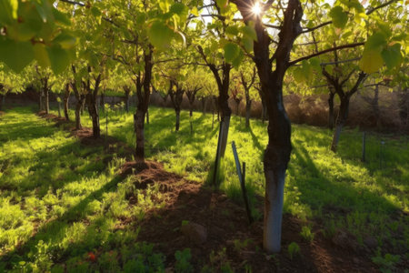 tree sprouts growing in shaded orchard, their delicate leaves reaching for the light, created with generative aiの素材