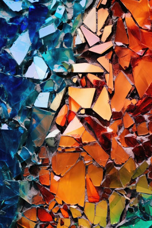 extreme close-up of broken glass reflecting colors, created with generative aiの素材