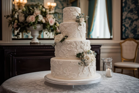 classic white wedding cake with elegant floral design, created with generative aiの素材
