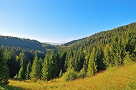 rolling hills with coniferous forest, the trees standing tall against a clear blue sky, created with generative aiの素材