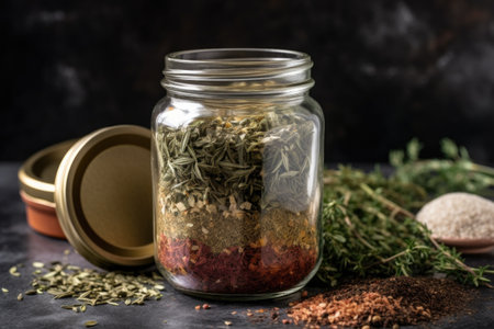 glass jar filled with spices and herbs for flavorful seasoning, created with generative aiの素材