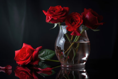 red roses in vase, with water and light refelction on the petals, created with generative aiの素材