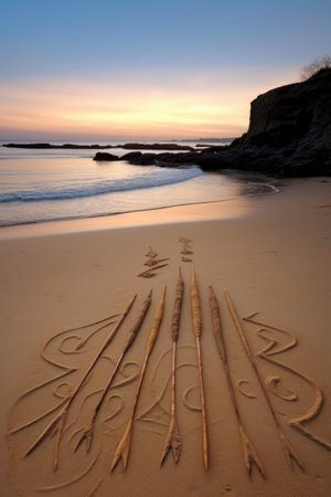 arrows carved into sand on a tranquil beach, created with generative aiの素材