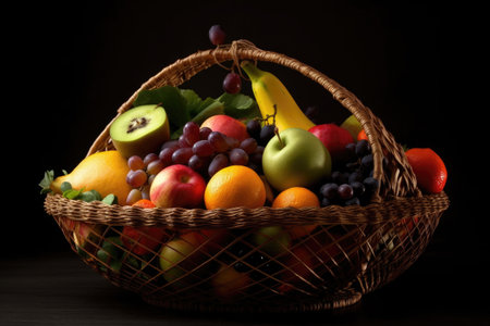 creative take on classic fruit basket, with unexpected fruit and veggies, created with generative aiの素材