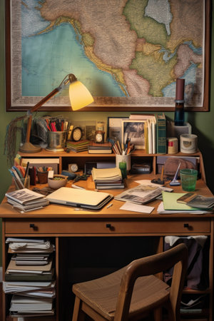 a neatly organized study desk with textbooks, laptop, and stationery, created with generative aiの素材