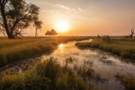 wetlands and marshes, with view of sunrise or sunset, offering a peaceful and serene escape, created with generative aiの素材