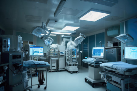 ventilation and exhaust system in hospital operating room, with surgical lasers and instruments visible, created with generative aiの素材