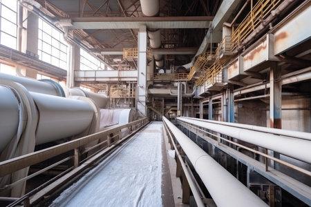 pulp and paper mill, with towering machines and conveyor belts for producing the raw material for paper, created with generative aiの素材