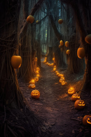 mysterious forest path with jack-o-lanterns along the way, created with generative aiの素材