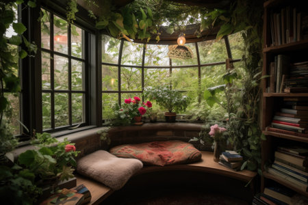 cozy reading nook surrounded by lush greenery, created with generative aiの素材