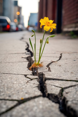 tiny flowers emerging through cracks in pavement, created with generative aiの素材