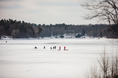 winter sports (skating, sledding, snowshoeing) on a frozen lake, created with generative aiの素材