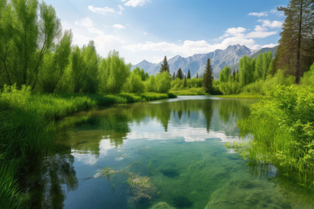 peaceful lake surrounded by lush greenery and towering mountains in the background, created with generative aiの素材
