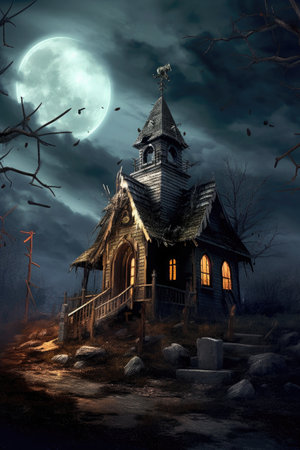 spooky haunted house with eerie moonlit sky, created with generative aiの素材