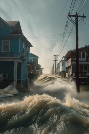 storm surge flooding a coastal town during hurricane, created with generative aiの素材