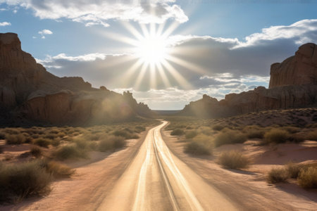 road trip through rugged desert landscape, with towering sand dunes and sunbeams shining down, created with generative aiの素材