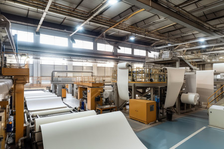 factory, with large machines producing paper products in high-tech environment, created with generative aiの素材