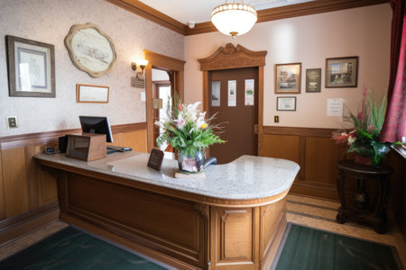 reception desk with guest book and pen to welcome new visitors, created with generative aiの素材