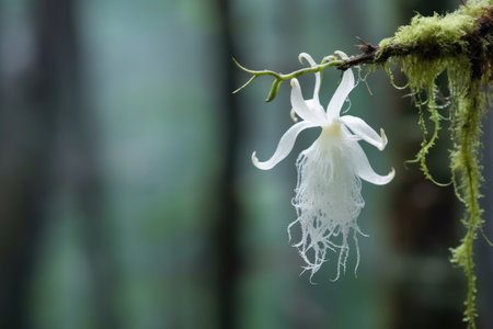 ghost orchid hanging delicately in a misty forest, created with generative aiの素材