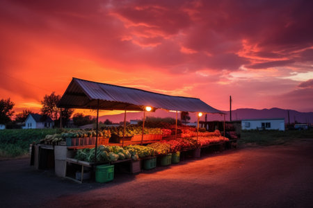 vegetable stand during sunset, with orange and purple hues in the sky, created with generative aiの素材