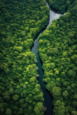 aerial view of lush green forest and river, created with generative aiの素材