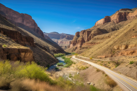 scenic road trip through a canyon, with towering cliffs and rushing waterfalls, created with generative aiの素材