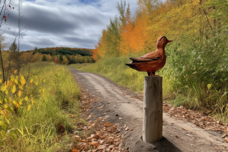 a trail marker in the shape of a duck with its beak pointing to the right, created with generative aiの素材