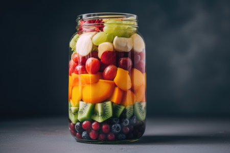 stacked jar filled with colorful variety of fresh fruits and vegetables, created with generative aiの素材