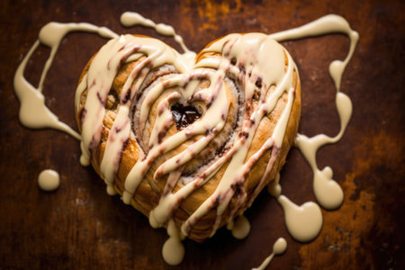 heart-shaped cinnamon roll drizzled with gooey icing and sprinkled with crunchy pecans, created with generative aiの素材