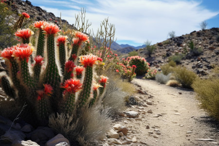 blooming cacti along a desert hiking trail, created with generative aiの素材