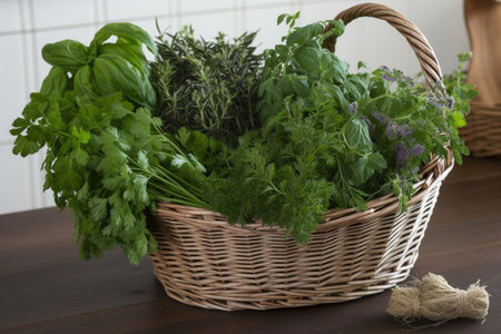 a basket of freshly picked herbs, ready for use in the kitchen, created with generative aiの素材