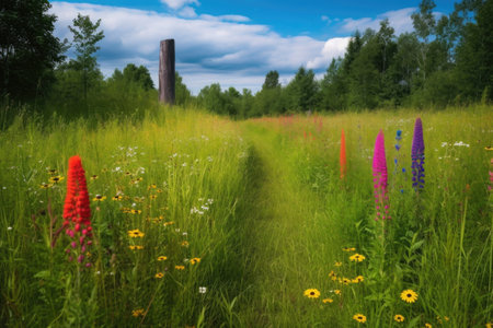 rainbow-colored trail markers, leading through a meadow covered in wildflowers, created with generative aiの素材